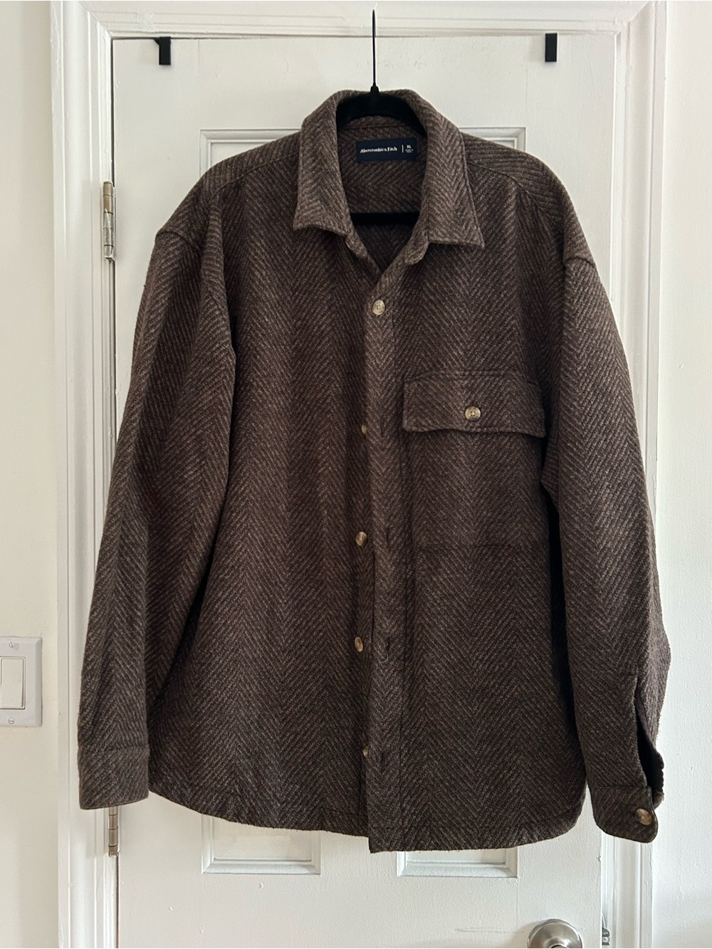 Abercrombie & Fitch Wool-Blend Herringbone Overshirt Jacket Brown XL